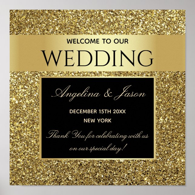 Poster Bienvenue Mariage Paillettes Or (Devant)