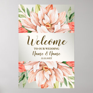 Poster Bienvenue Mariage Pêche Orange Fleurs Feuilles