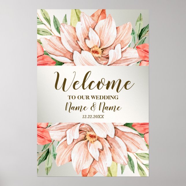 Poster Bienvenue Mariage Pêche Orange Fleurs Feuilles (Devant)