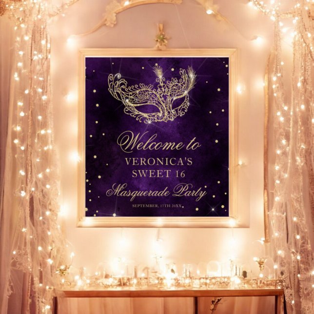 Poster Bienvenue Masquerade parties scintillant d'or pour (Welcome Masquerade purple gold glitter Sweet 16 Poster)