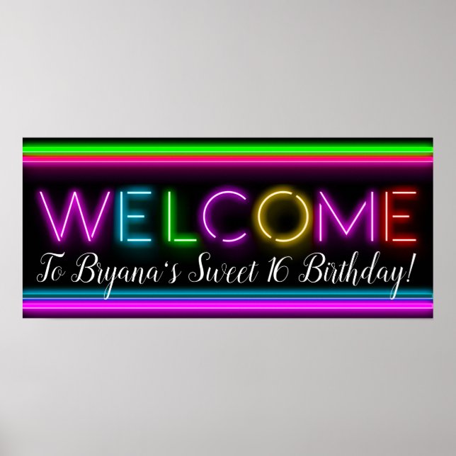 Poster Bienvenue Neon Glow Glow Banner de fête d'annivers (Devant)