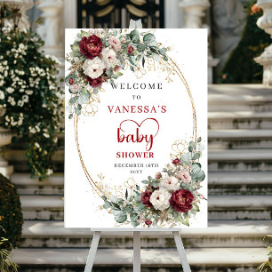 Poster Bienvenue pour la Baby Shower Fleurs bordeaux et o