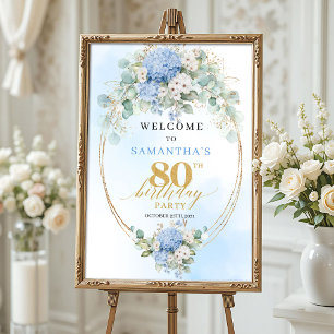 Poster Bienvenue pour les 80 ans de fleurs d'hortensia bl