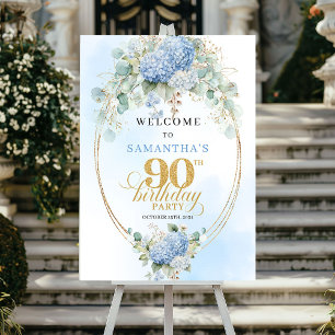 Poster Bienvenue pour les 90 ans Fleurs Bleu Clair Eucaly