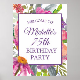 Poster Bienvenue pour un 75e anniversaire aux fleurs rose