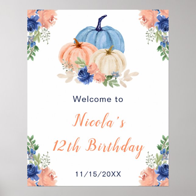 Poster Bienvenue pour un anniversaire avec citrouilles bl (Devant)
