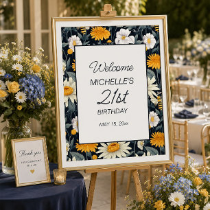 Poster Bienvenue pour un anniversaire en bleu marine jaun
