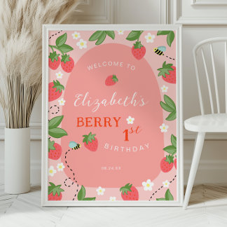 Poster Bienvenue pour un premier anniversaire à la fraise