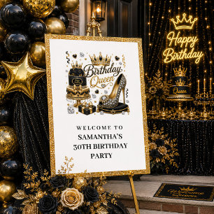 Poster Bienvenue Reine Anniversaire Luxe Paillettes Or No
