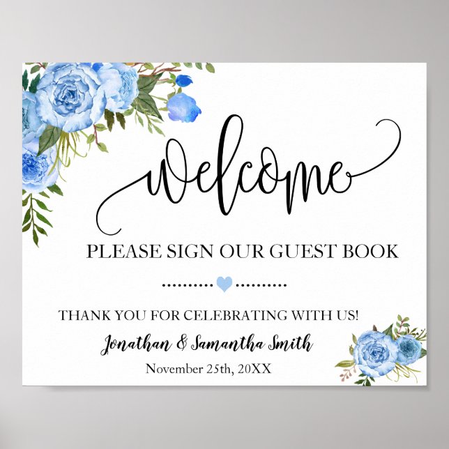 Poster Bienvenue signer notre livre d'hôtes mariage bleu  (Devant)