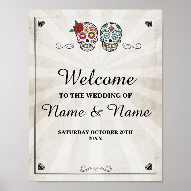 Poster Bienvenue Sugar Skulls Panneau Halloween Mariage (Devant)