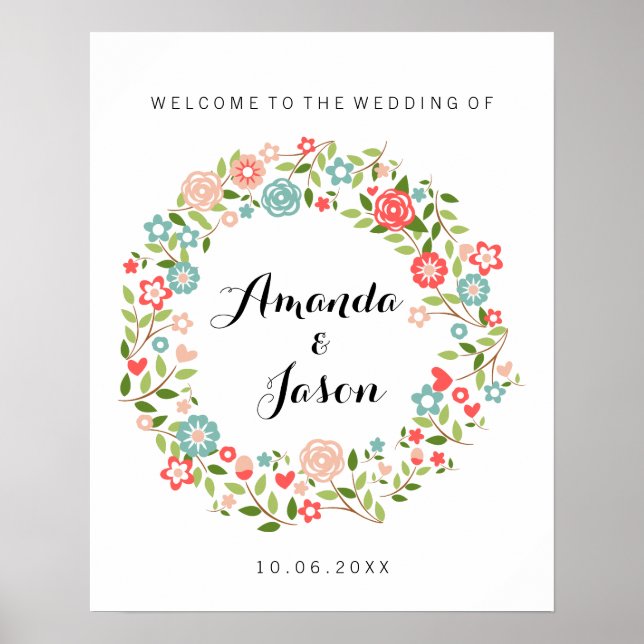 Poster Bienvenue sur notre panneau mariage | Floral | bot (Devant)