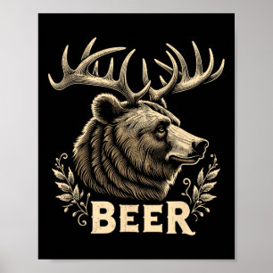 Poster Bière Amusante Design Vintage Ours Avec Antlers De