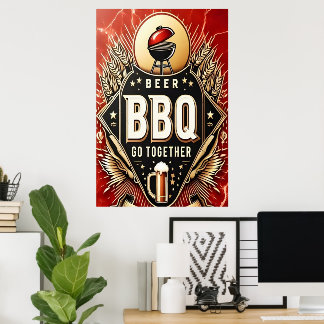 Poster Bière et barbecue Ensemble
