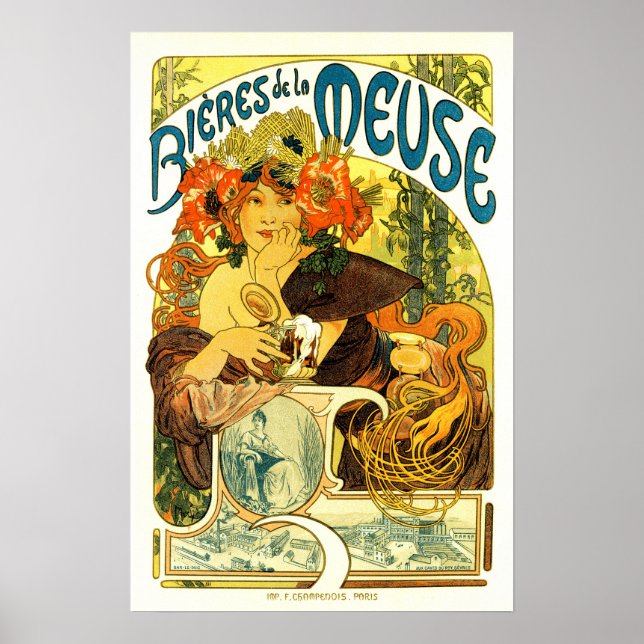 Poster BIERES DE LA MEUSE Bière Alphonse Mucha Art Nouvea (Devant)