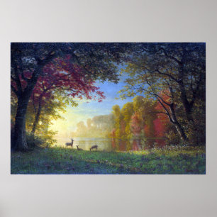 Poster Bierstadt - Crépuscule indien Cerf au bord d'un la