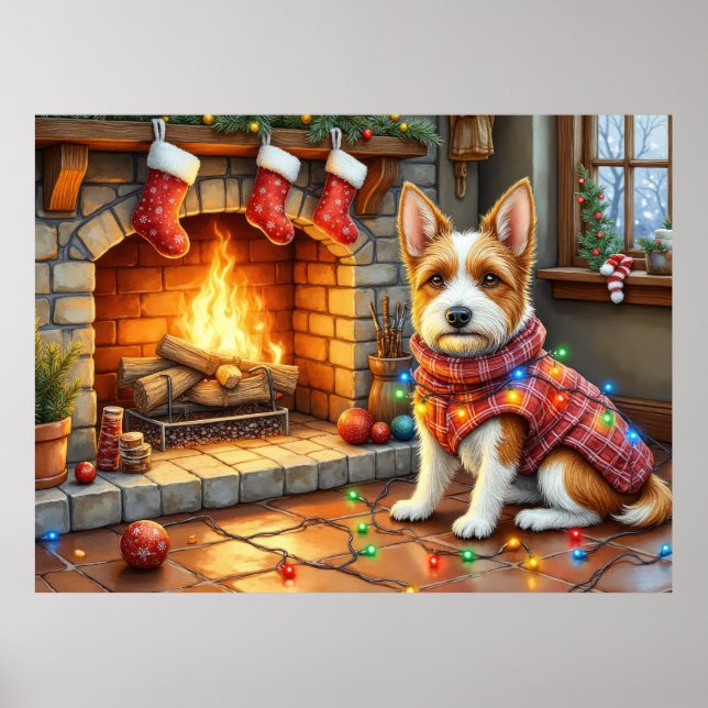 Poster Biewer Terrier Cheminée avec Lumières de Noël (Devant)
