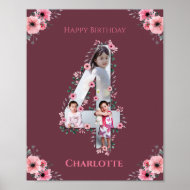 Poster Big 4th Birthday Girl Photo Collage Fleur rose
