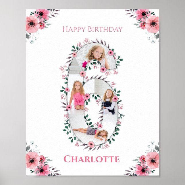 Poster Big 6th Birthday Girl Photo Collage Fleur rose (Devant)