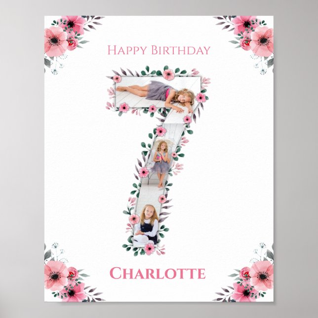 Poster Big 7th Birthday Girl Photo Collage Fleur rose (Devant)