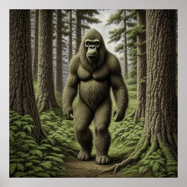 Poster Bigfoot debout dans les arbres art IA (Devant)