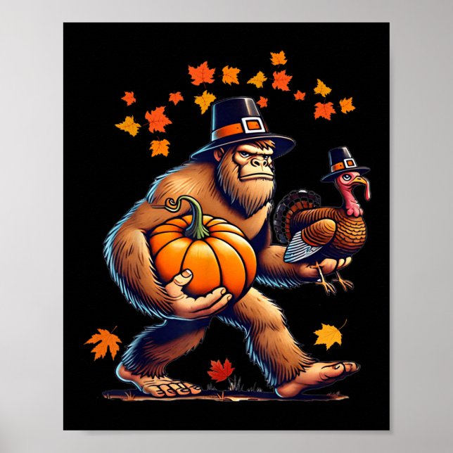 Poster Bigfoot Pilgrim Hat Turkey Day Pumpkin Thanksgivin (Devant)