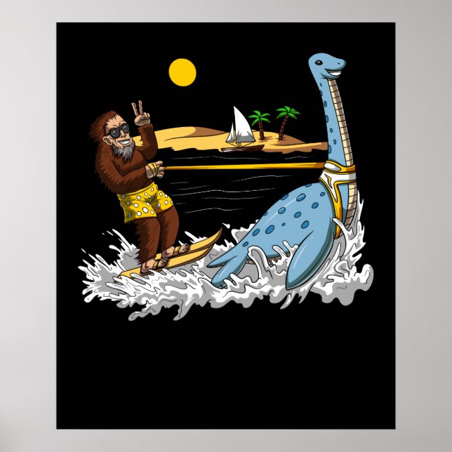 Poster Bigfoot Riding Loch Ness Monster Drôle Conspiratio (Devant)