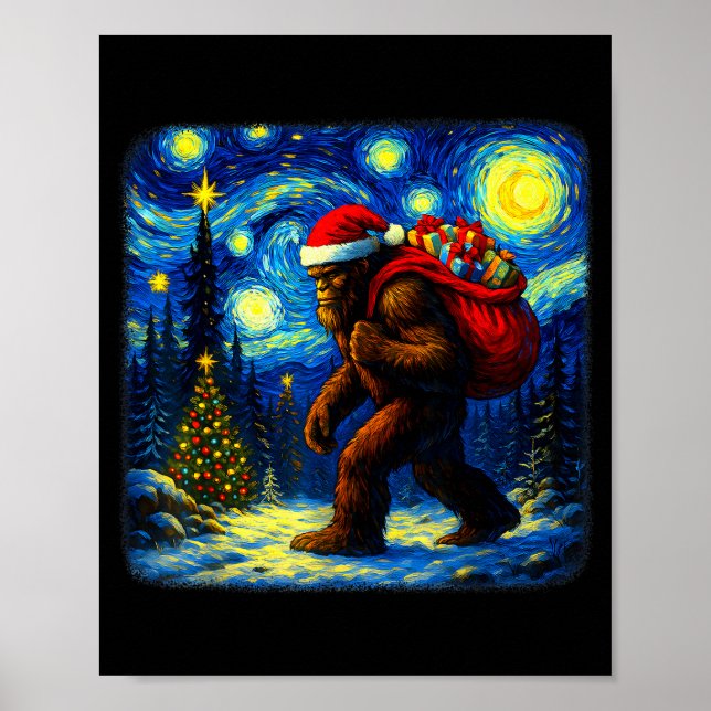 Poster Bigfoot Santa Christmas Starry Night Sasquatch Van (Devant)