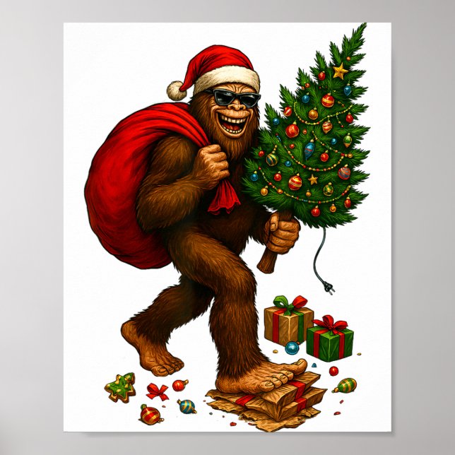 Poster Bigfoot Santa Christmas Tree Lights Xmas Boys Men  (Devant)