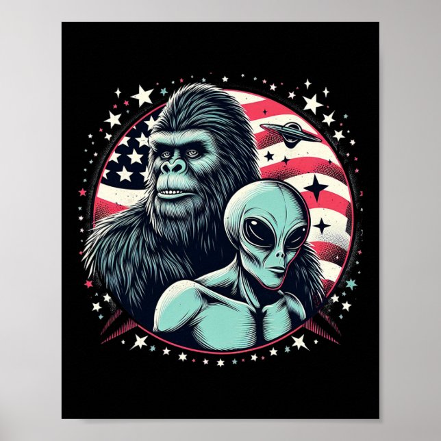 Poster Bigfoot Sasquatch Alien Amp Bigfoot Usa Drapeau Fa (Devant)
