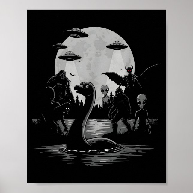 Poster Bigfoot Ufo Loch Ness Monster Mothman And Aliens!  (Devant)