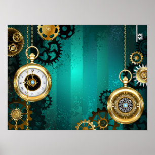 Poster Bijou Montre Steampunk sur un Fond Vert