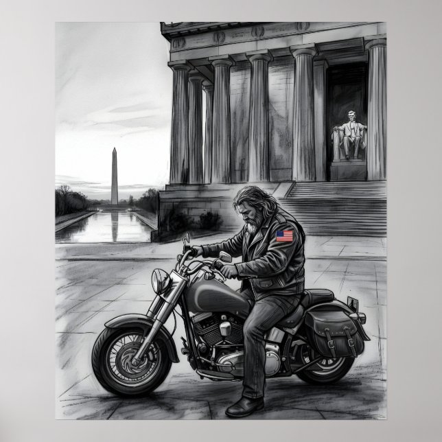 Poster Biker at Lincoln Memorial Washington Monument  (Devant)