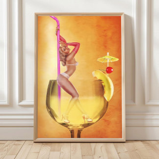 Poster Bikini Woman Inside Cocktail Glass Wall Art, Retro