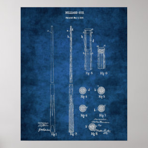 Poster Billiard Cue Brevet n° 4 Pool Room Art
