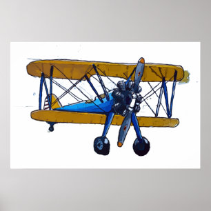 Poster Biplan classique ancien avec train tricycle