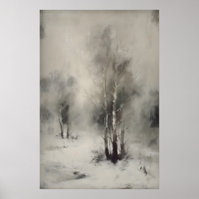 Poster Birch Trees In Snow, Gothic Forest Landscape Wall  (Devant)