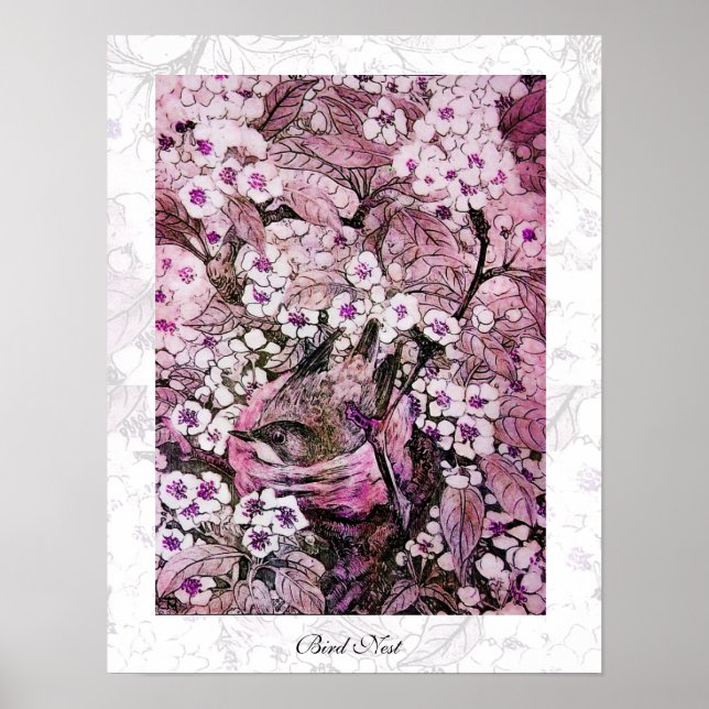 Poster BIRD NEST, blanc rouge rose violet (Devant)