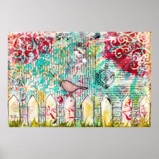 Poster Bird on White Picket Fence Médias mixtes Imprimer (Devant)