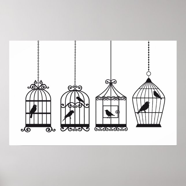Poster Birdcages vintages avec oiseaux mignons (Devant)