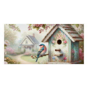 Poster Birdhouse Printemps Avec Fleurs Pastel Et Oiseaux