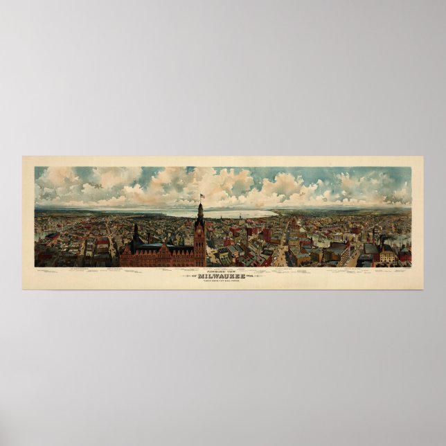 Poster Birdseye Panorama de Milwaukee (1898) Réimpression (Devant)