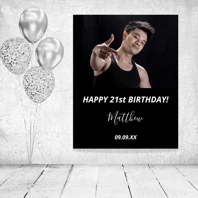 Poster Birthday party custom photo black white modern guy (Créateur téléchargé)