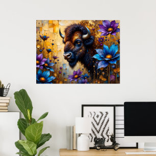 Poster Bison américain dans un portrait de fleur texturée
