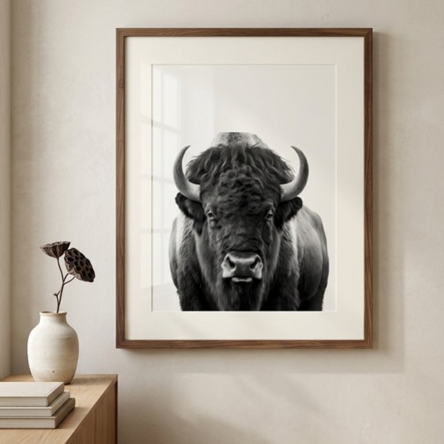 Poster Bison Buffalo moderne Portrait noir blanc (Créateur téléchargé)