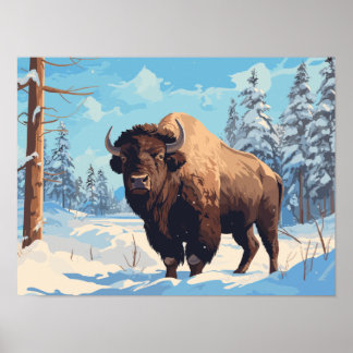 Poster Bison dans la forêt de neige - Carte postale Ai