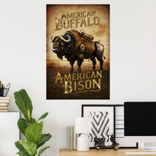 Poster Bison de Steampunk dans la prairie