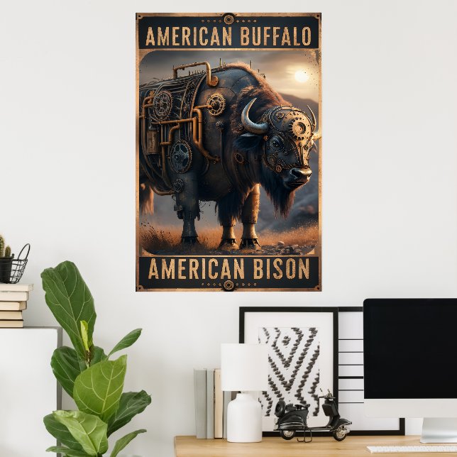 Poster Bison de Steampunk en pleine nature (Bureau à domicile)