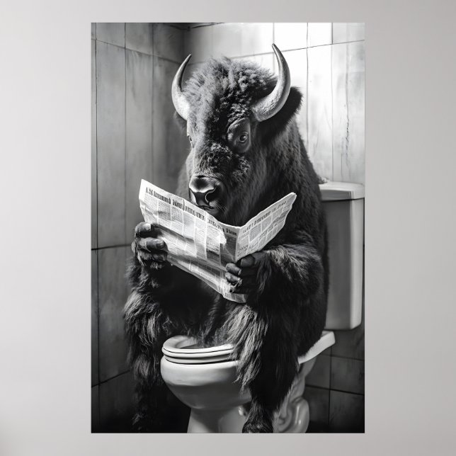 Poster Bison on Toilet Print, Funny Bathroom Newspaper (Devant)