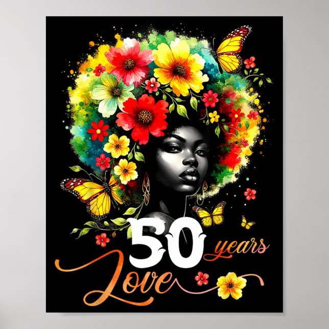 Poster Black Afro Queen 50 Years Love 50th Birthday Butte (Devant)